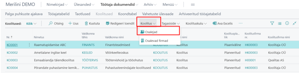 Koolituste loendist osalejate loendisse liikumine