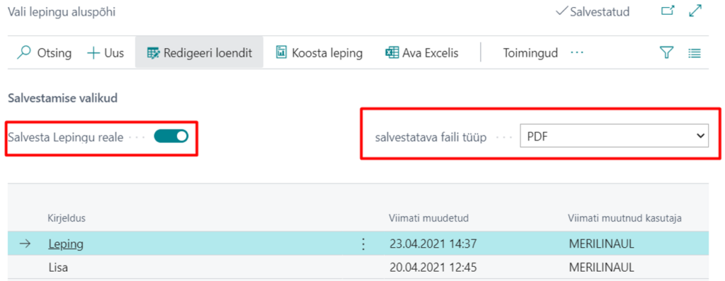 Lepingu väljatrüki salvestamine lepingu reale
