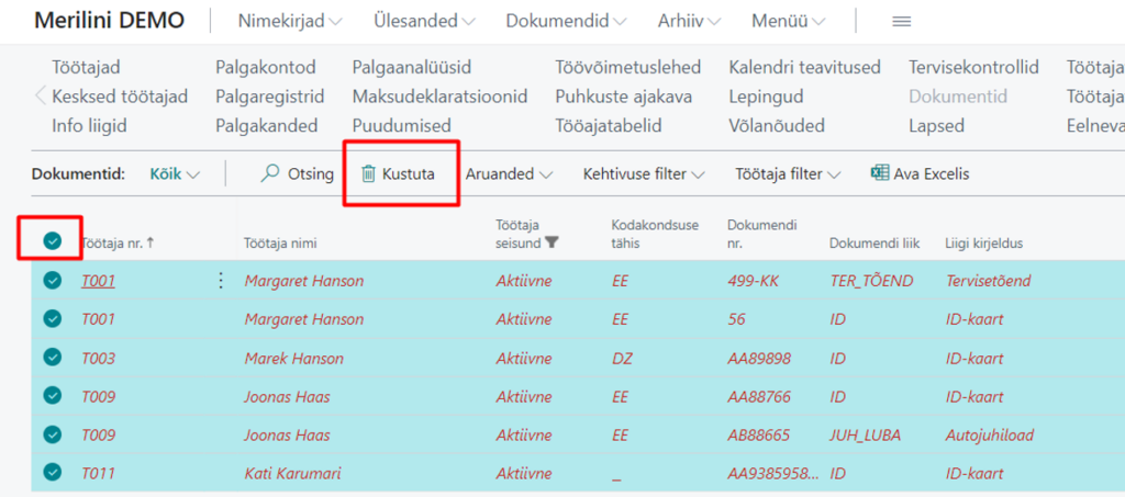 Massiga kustutamine dokumentide loendist