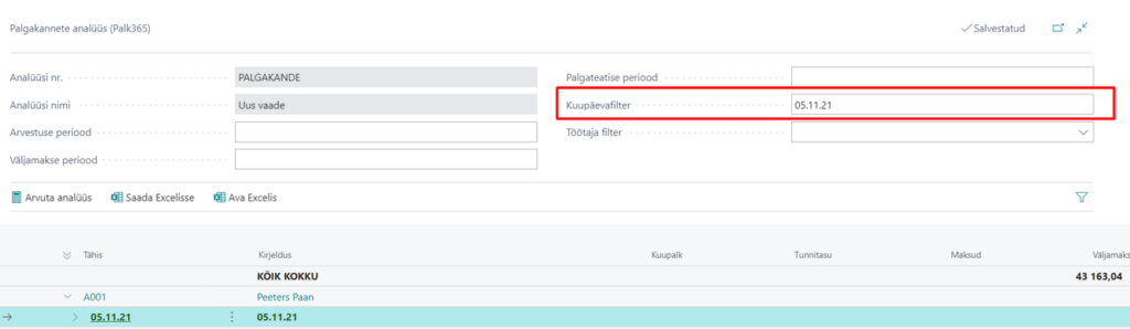Palgakannete palgaanalüüsile kuupäeva valimine