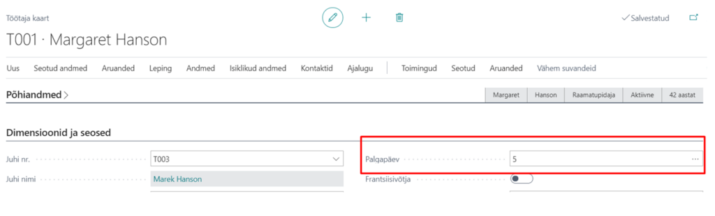 Palgapäev määratakse töötaja kaardil Dimensioonid ja seosed asuvasse lahtrisse