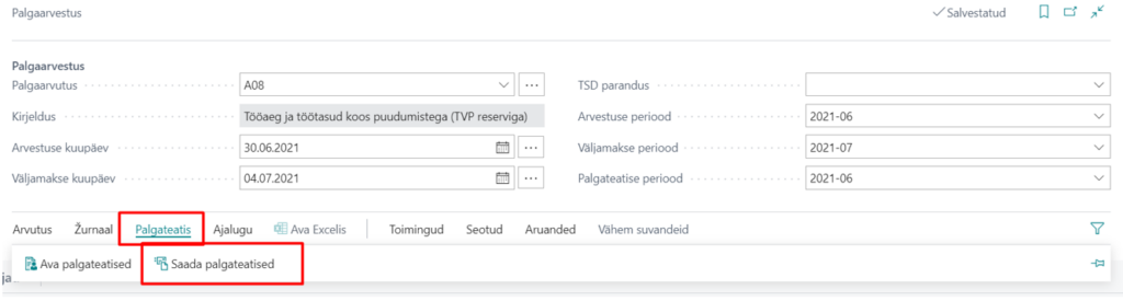 Palgateatise saatmine palgaarvestuse aknast