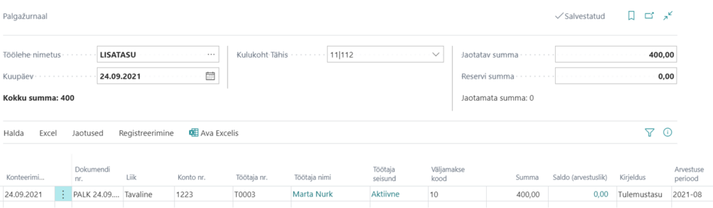 Palgažurnaalis tasude jaotamine vastu töötunde