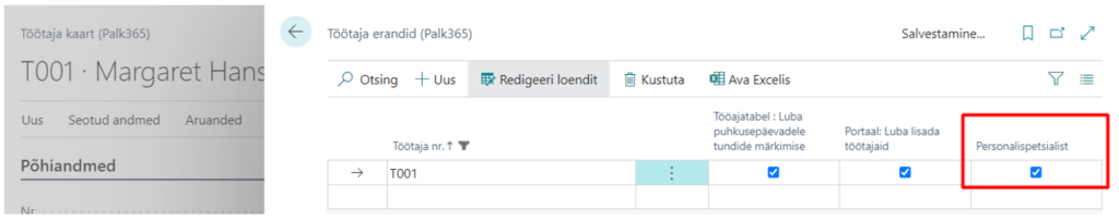 Personalispetsialisti määramine erandite kaardil