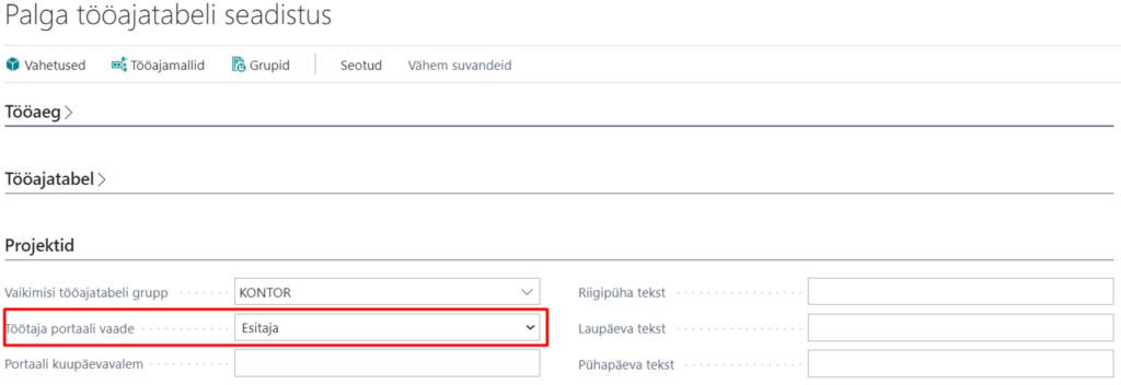 Tööajatabeli esitaja vaade iseteenindusportaalis