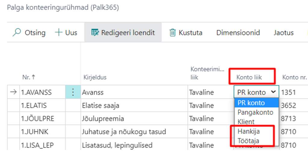 Töötaja ja hankija valikud konto liigina