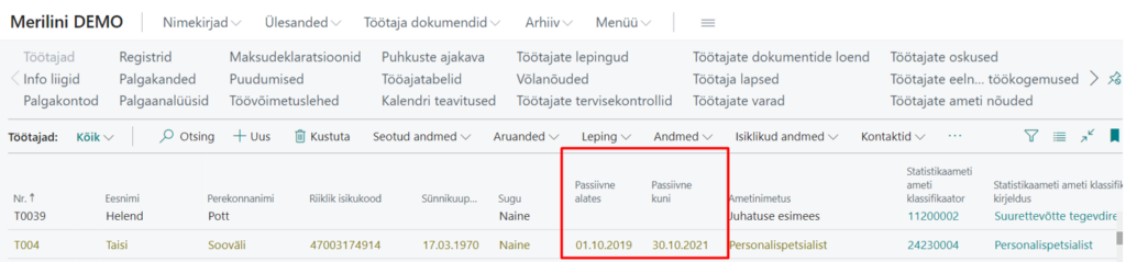 Töötajate loendis passiivsuse kuvamine