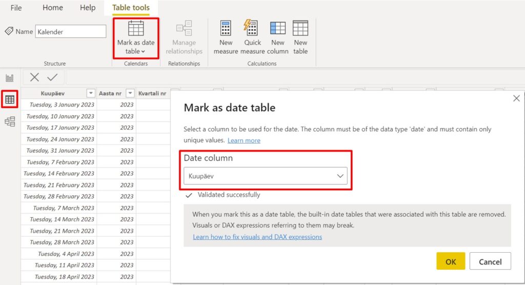 Mudeli teavitamine tekitatud kalender ajatabelist
