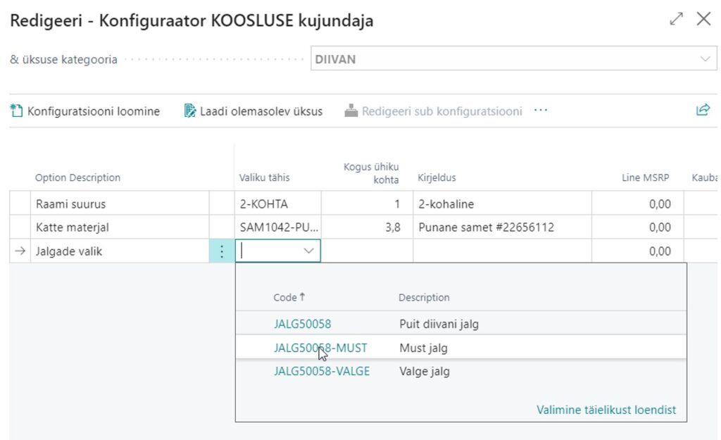 Joonis 2. Konfiguraatori määratud toormaterjalide kogused ja vajalikud tegevused