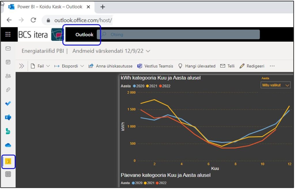 Joonis 3. Power BI kasutaja Outlook’is